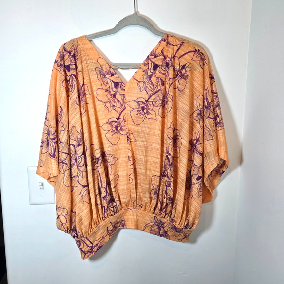 Free People One Dance Coral Floral Bohemian Crop Top Deep V Size L - Picture 2 of 9